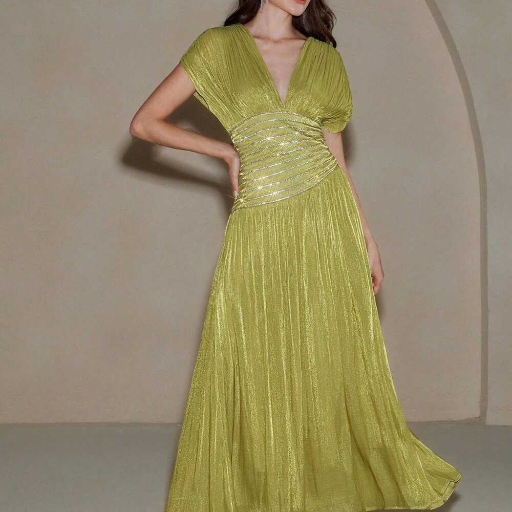 Mustard Yellow Elegant Women's Bejeweled V-Neck Short Sleeve Ruched Waist Dress